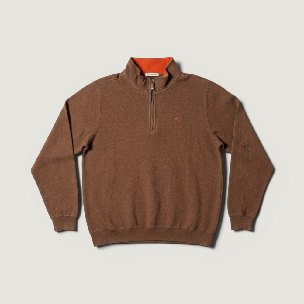 Peter Millar Mens Brown 100% Cotton Quarter Zip Pullover Sweater Orange Trim M